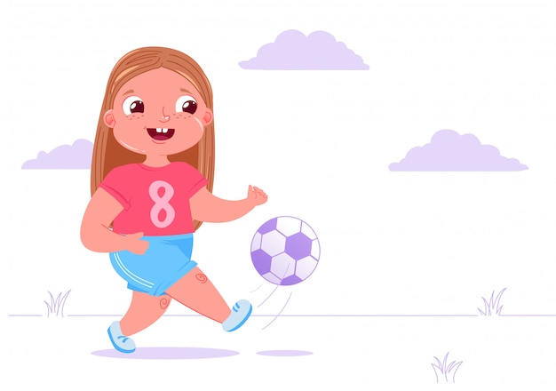 かわいい女の赤ちゃんサッカーボールで芝生の上の外のサッカー 無料のベクター