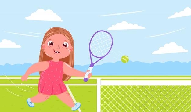 かわいい女の赤ちゃんが裁判所でラケットでテニスをしています スポーツ健康的な生活をしています 日常生活 無料のベクター