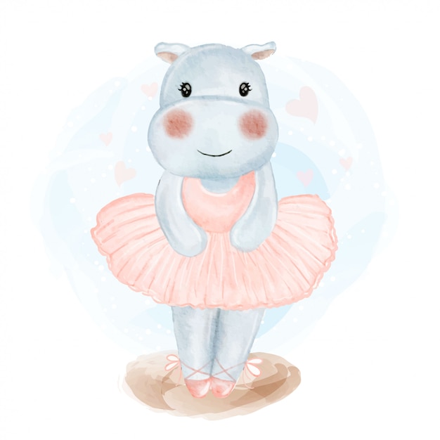 Download Premium Vector Cute Baby Hippo Ballerina Watercolor Illustration