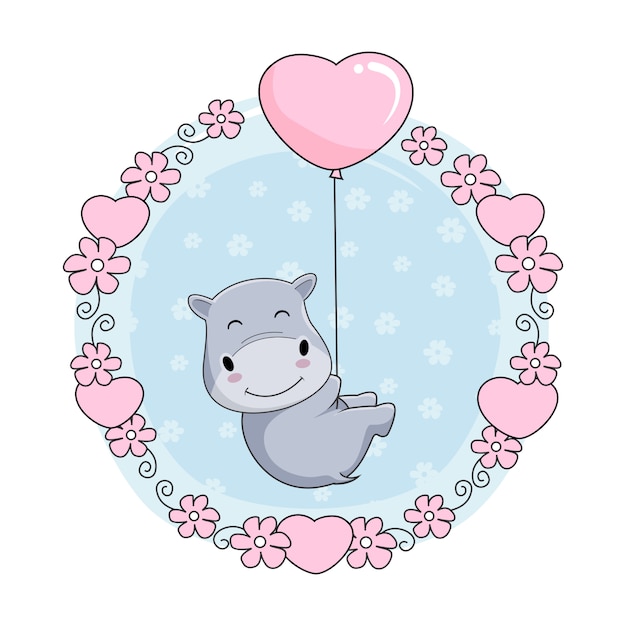 Premium Vector | Cute baby hippo cartoon fly with love balloon