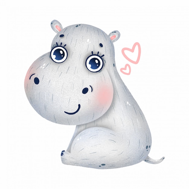 Download Cute baby hippo with big eyes and hearts on a white ...