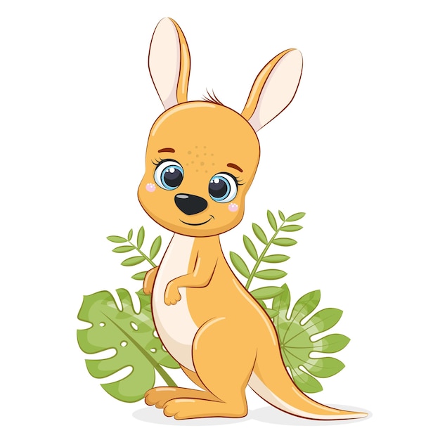 Premium Vector | Cute Baby Kangaroo With Tropical Leaves. Vector ...