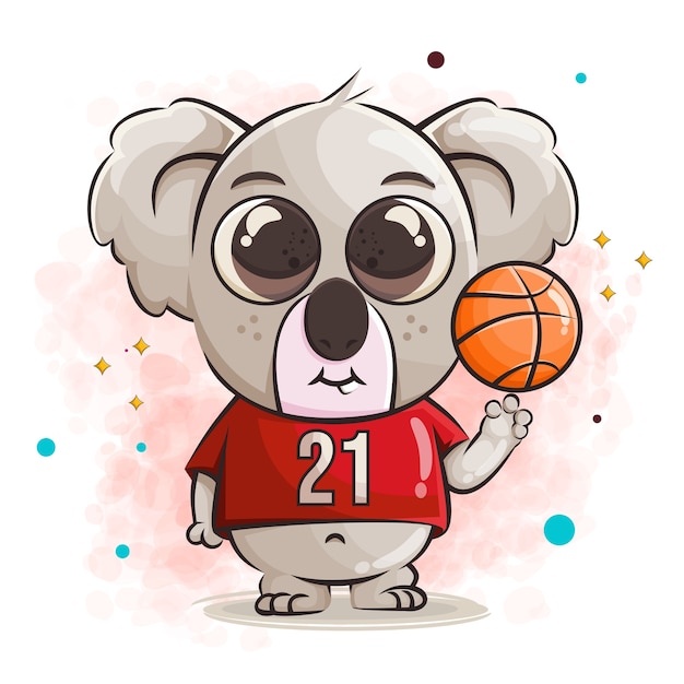 かわいい赤ちゃんコアラの漫画のキャラクターとバスケットボールのイラスト プレミアムベクター