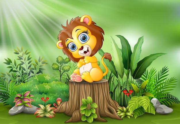 Download Cute baby lion sitting on tree stump with green plants ...