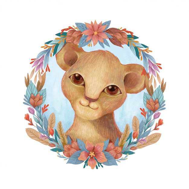 Download Cute baby lion with floral spring | Premium Vector