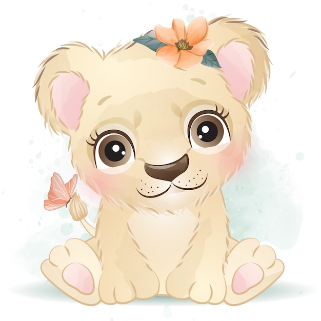 Cute baby lion with floral | Premium Vector
