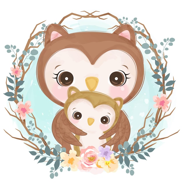 Download Premium Vector | Cute baby mom and baby owl in watercolor ...