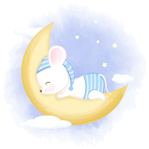 月のイラストで寝ているかわいい赤ちゃんマウス プレミアムベクター