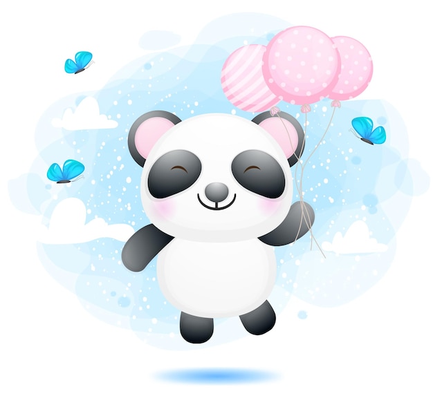 Premium Vector Cute Baby Panda Flying With Balloon Cartoon Character