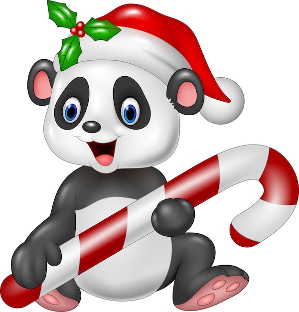 Download Cute baby panda holding christmas candy Vector | Premium ...