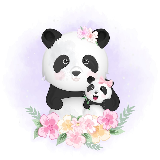 Cute baby panda and mom hand drawn illustration | Premium ...