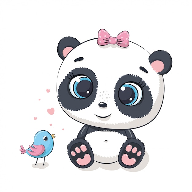 Download Cute baby panda with bird. illustration | Premium Vector