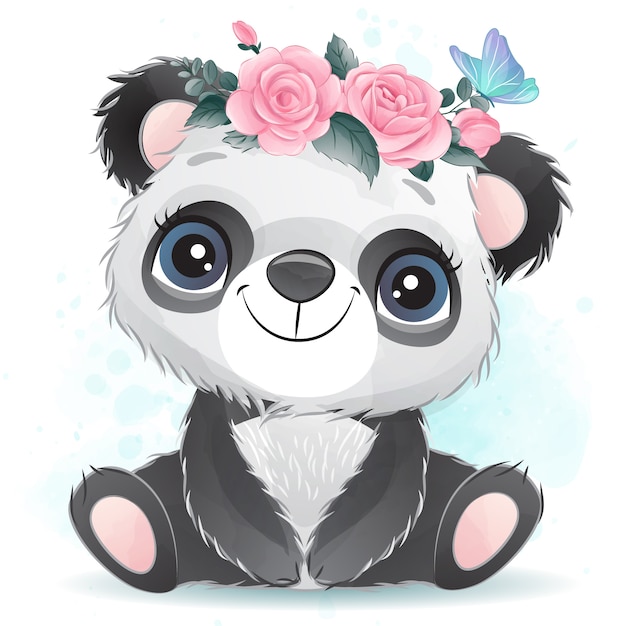 Download Cute baby panda with floral | Premium Vector