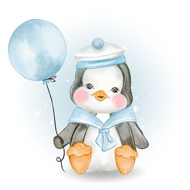 Premium Vector | Cute baby penguin with marine uniform holding balloon