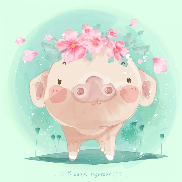 Cute baby pig hand drawn in sweet watercolor style ...