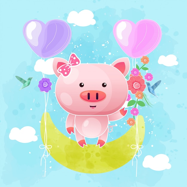 Premium Vector | Cute baby pig swing on the moon