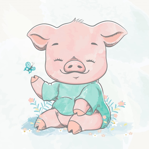 かわいい赤ちゃん豚水色漫画手描きイラスト プレミアムベクター