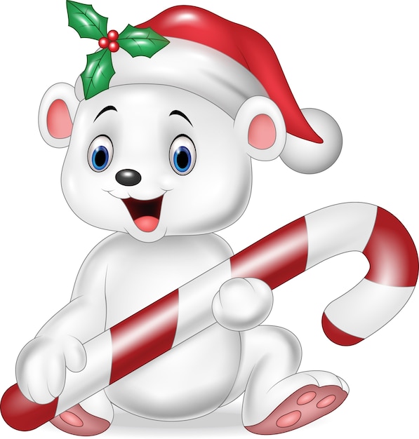 Download Cute baby polar bear holding christmas candy Vector | Premium Download