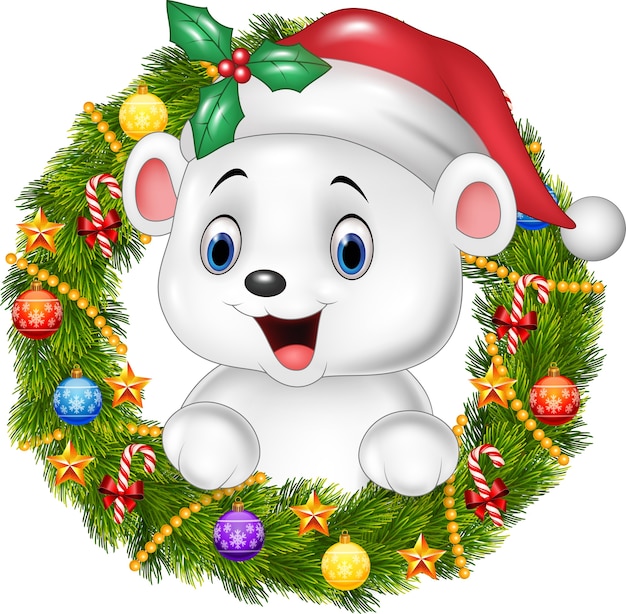 Download Cute baby polar bear holding christmas wreath | Premium Vector