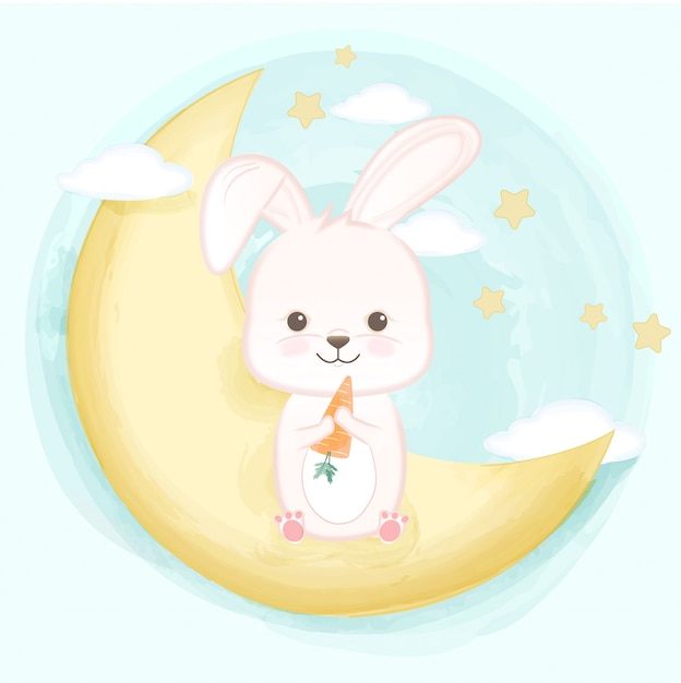 Download Cute baby rabbit on the crescent moon | Premium Vector