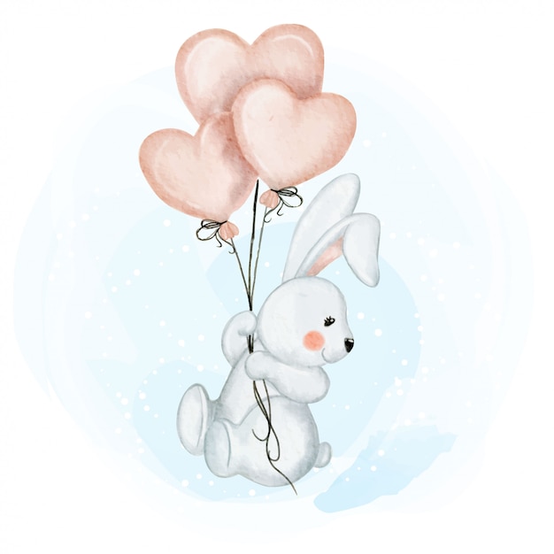 バルーン愛水彩イラストでかわいい赤ちゃんウサギ プレミアムベクター