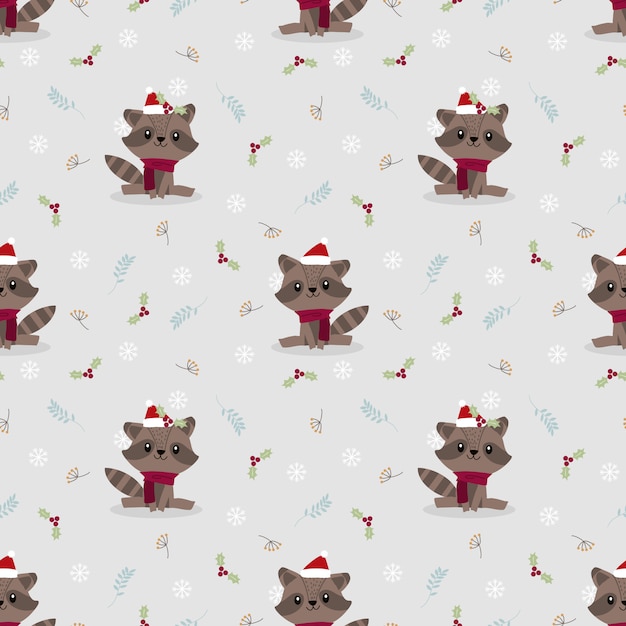 Premium Vector | Cute baby raccoon in christmas season seamless pattern vector