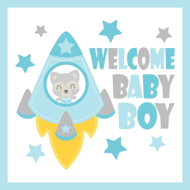 ベビーシャワーカードデザイン はがき 壁紙のロケットベクトル漫画のイラストにかわいい赤ちゃんアライグマ プレミアムベクター