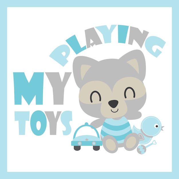 かわいい赤ちゃんアライグマは 車やアヒルのおもちゃを再生ベビーシャワーカードのデザイン はがき および壁紙のためのベクトル漫画のイラスト プレミアムベクター