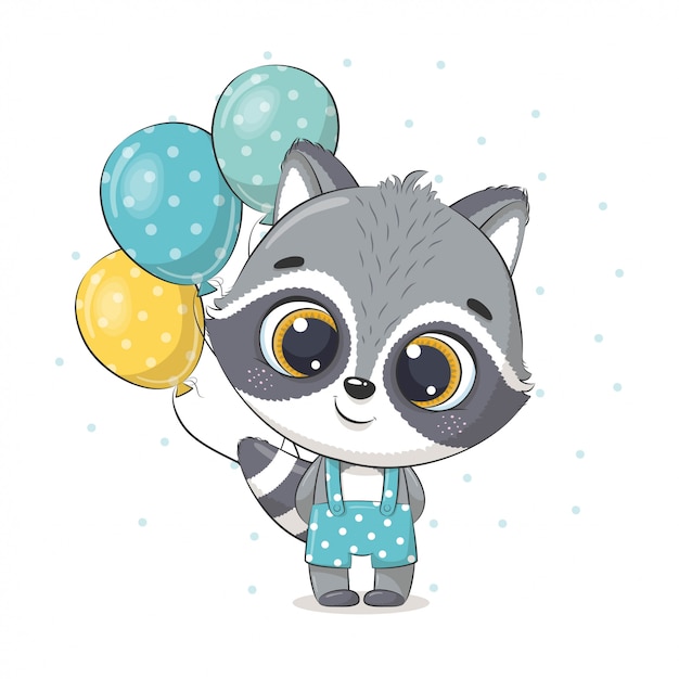 Premium Vector Cute Baby Raccoon With Balloons Illustration For Baby Shower Greeting Card Party Invitation Fashion Clothes T Shirt Print