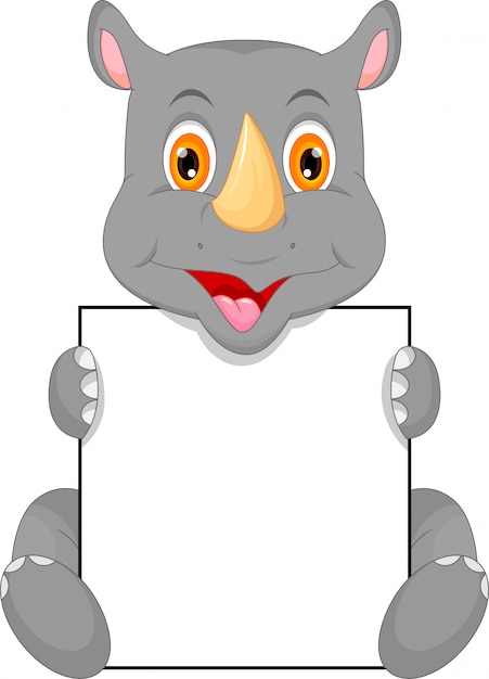 Download Cute baby rhino cartoon and blank sign | Premium Vector