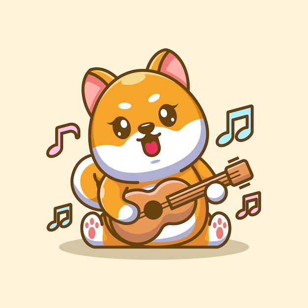 Premium Vector | Cute baby shiba inu dog playing guitar cartoon