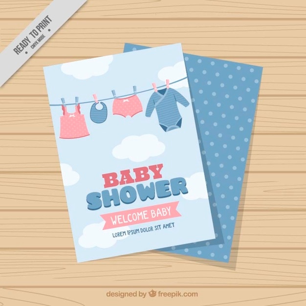 Cute baby shower card with baby clothes