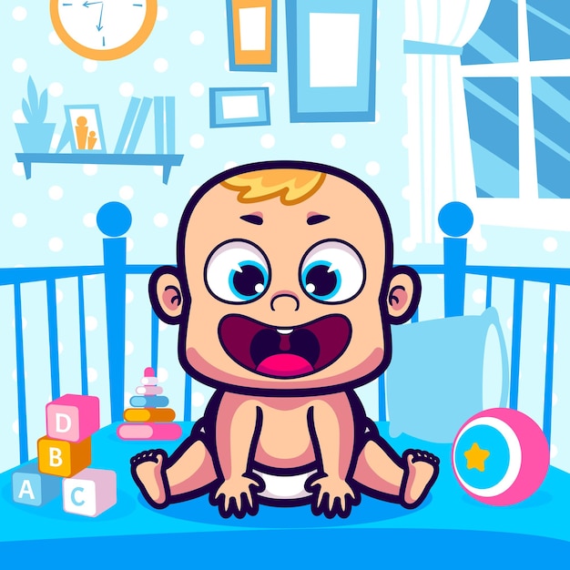 Premium Vector | Cute baby sit in the crib cartoon