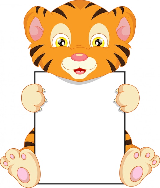 Download Cute baby tiger cartoon and blank sign | Premium Vector
