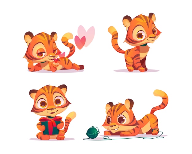Free Vector Cute Baby Tiger Character In Different Poses Set Of Cartoon Chat Bot Funny Kitten Flirts Holding Gift Box And Plays With Clew Creative Emoji Set Animal Mascot