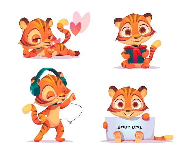 Download Free Vector | Cute baby tiger character in different poses. vector set of cartoon chat bot ...