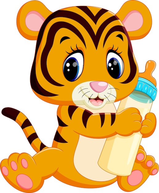 Download Cute baby tiger holding milk bottle | Premium Vector