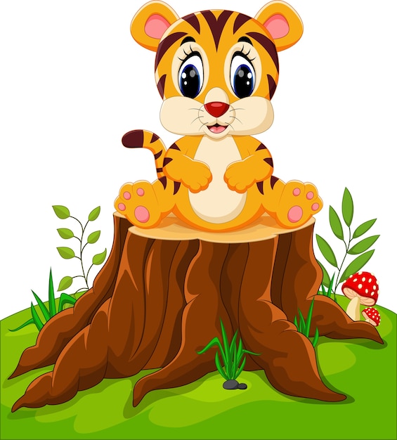 Download Cute baby tiger sitting on tree stump | Premium Vector