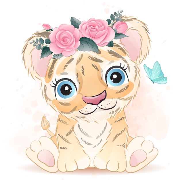 Cute baby tiger with floral | Premium Vector