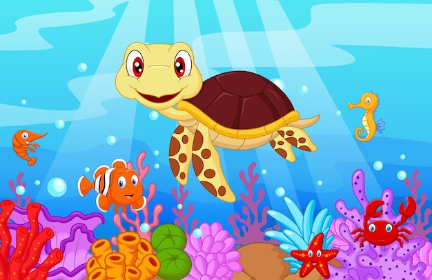 Download Cute baby turtle cartoon with collection fish | Premium Vector