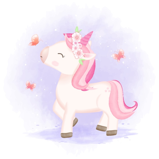 Download Cute baby unicorn and butterflies cartoon illustration ...