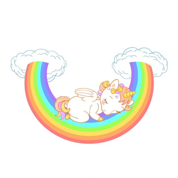 雲と虹で眠っているかわいい赤ちゃんユニコーン 子供たちのデザインのイラスト プレミアムベクター
