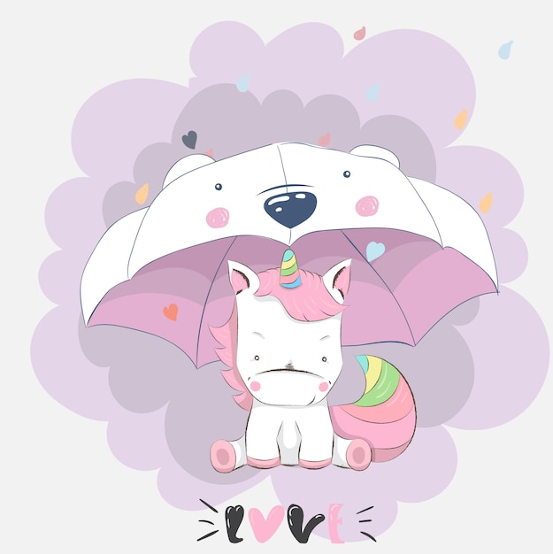 Download Cute baby unicorn and umbrella cartoon hand drawn ...