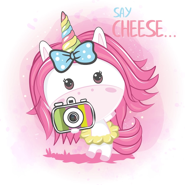 Download Cute baby unicorn with camera | Premium Vector