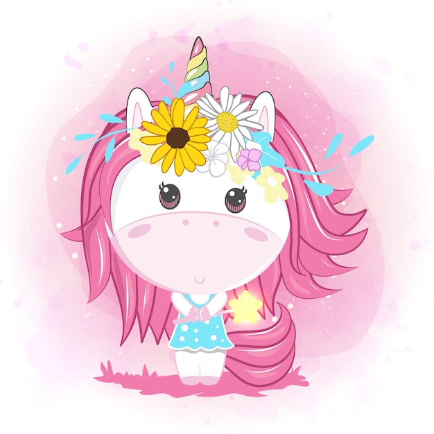 Download Cute baby unicorn with flowers Vector | Premium Download