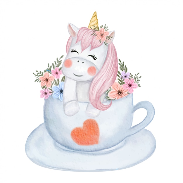 カップ水彩イラストの上に花とかわいい赤ちゃんユニコーン プレミアムベクター