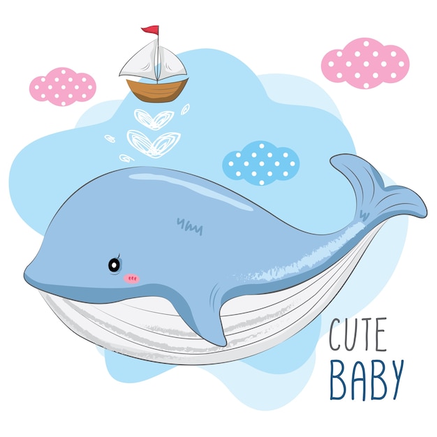 Download Cute baby whale and small ship | Premium Vector
