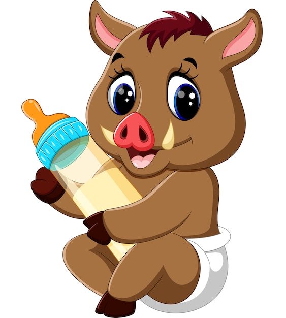 Download Cute baby wild boar holding milk bottle Vector | Premium ...