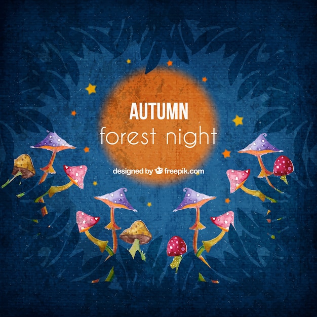 Cute background of watercolor night forest with
mushrooms