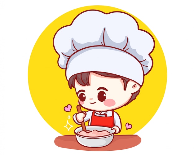 Cute bakery chef boy cooking smiling cartoon art illustration logo ...